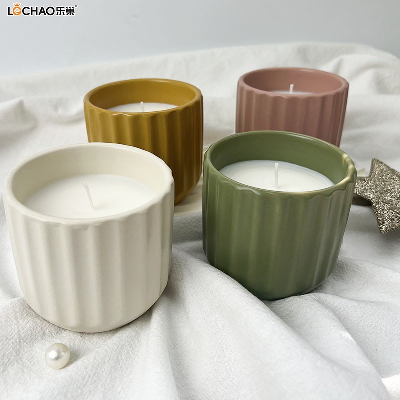 Multi-Color Vertical Striped Ceramic Cup Scented Candle
